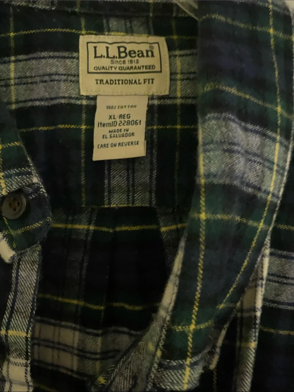 L.L. Bean Men's Navy, Green and White Plaid Button-Down Shirt